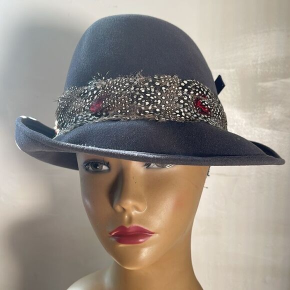 Elegant Mr. John Classic Gray Feathered Women's Hat. 22” circumference. - Picture 2 of 8